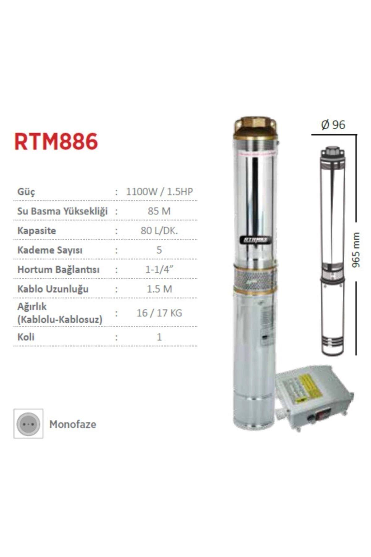 Rtm886 Derin Kuyu Dalgıç Pompa Monofaze 1.5hp - 1100w